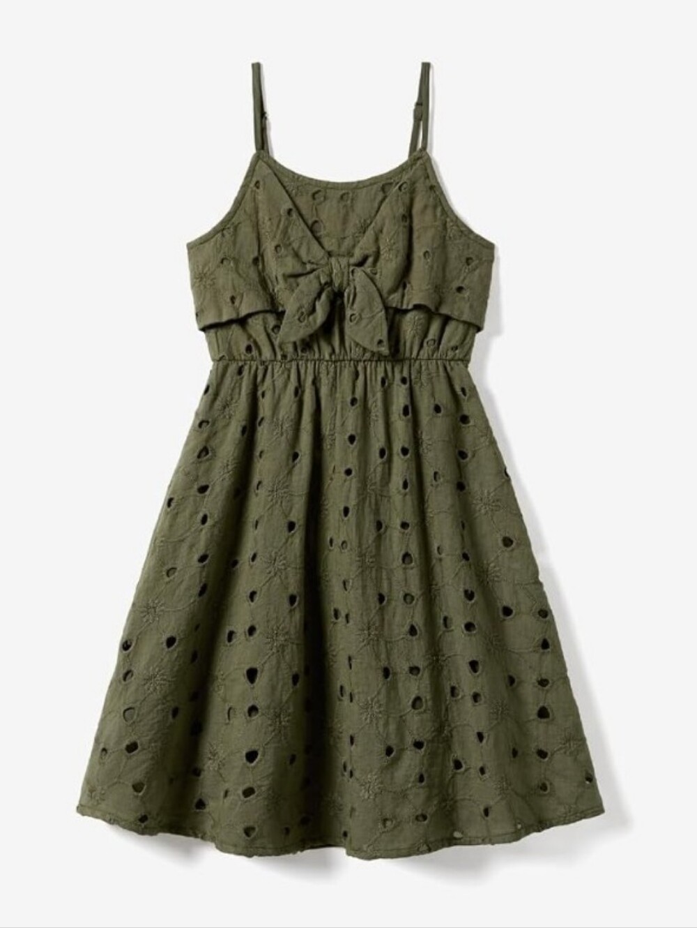 Iffei Eyelet Sun Dress NEW Girls 6-7Y -Green -Pockets -Built-In Slip -Bow Accent